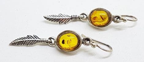 Sterling Silver Natural Amber Long Feather Drop Earrings