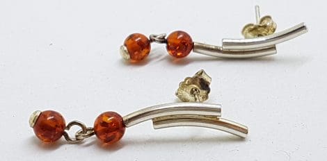 Sterling Silver Natural Amber Long Ball Stud Earrings