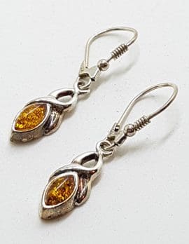 Sterling Silver Natural Amber Long Marquis Drop Earrings