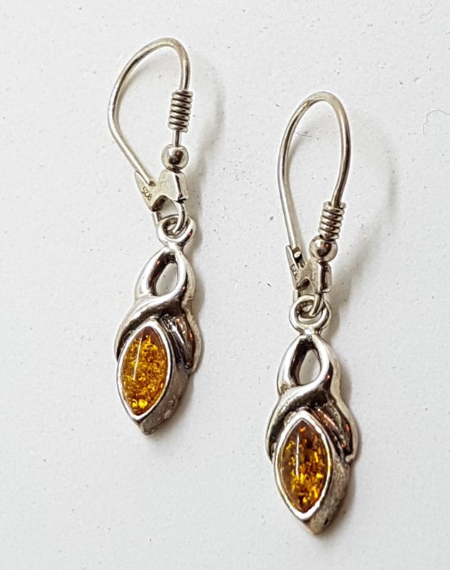 Sterling Silver Natural Amber Long Marquis Drop Earrings