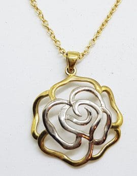 9ct Yellow Gold with White Gold Open Flower / Rose Pendant on 9ct Gold Chain
