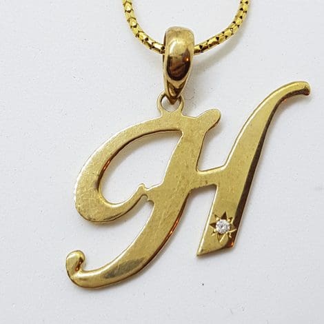 9ct Yellow Gold Large Initial H with Diamond Pendant on 9ct Gold Chain