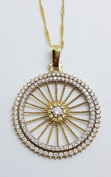 14ct Yellow Gold Large Round Cubic Zirconia Wheel Pendant on 14ct Gold Chain