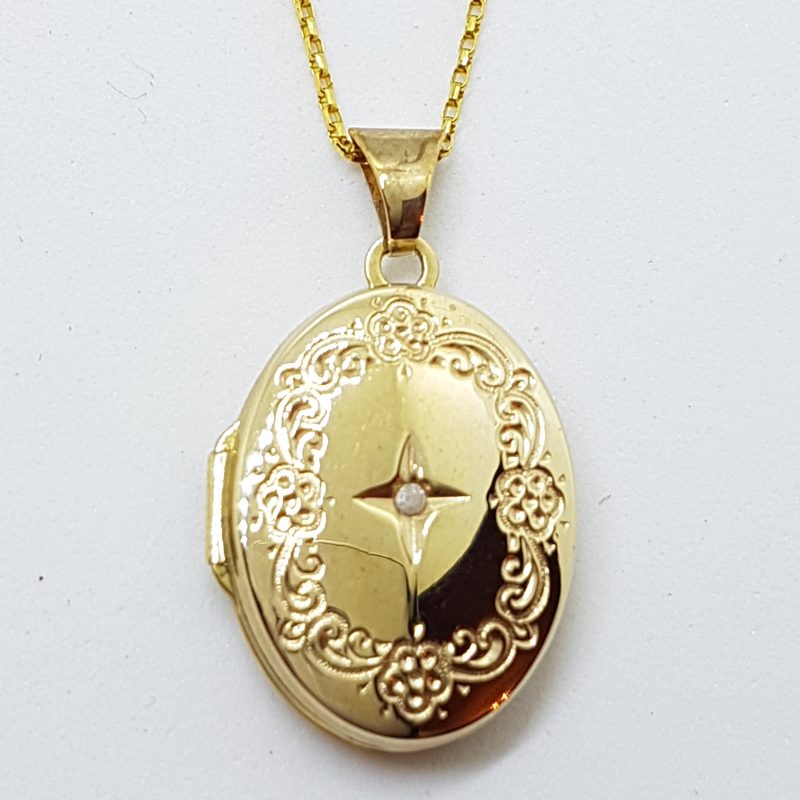 9ct Yellow Gold Oval Ornate Design with Diamond Pendant on 9ct Gold Chain