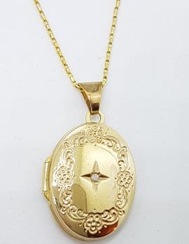 9ct Yellow Gold Oval Ornate Design with Diamond Pendant on 9ct Gold Chain