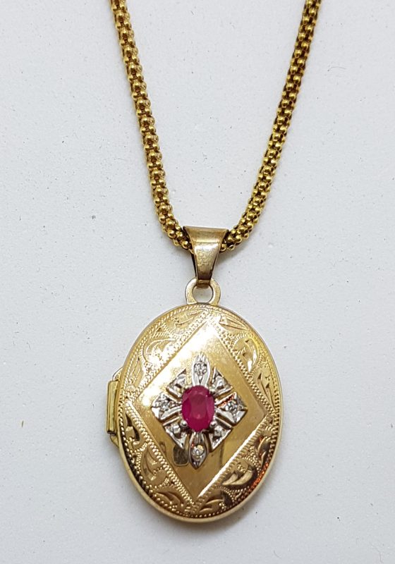 9ct Yellow Gold Oval Ruby and Diamond Ornate Locket Pendant on 9ct Chain
