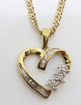 9ct Yellow Gold with Diamond Heart with Flower Clusters Pendant on 9ct Gold Chain