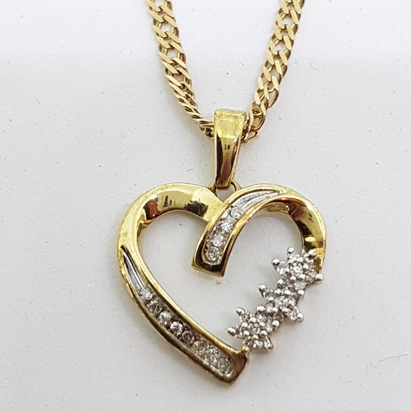 9ct Yellow Gold with Diamond Heart with Flower Clusters Pendant on 9ct Gold Chain