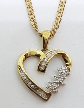 9ct Yellow Gold with Diamond Heart with Flower Clusters Pendant on 9ct Gold Chain