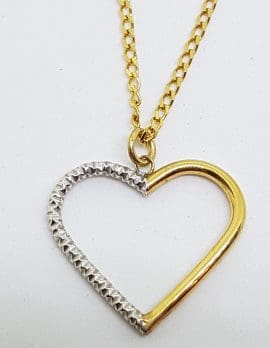 9ct Yellow Gold and White Gold Large Open Heart Pendant on 9ct Gold Chain