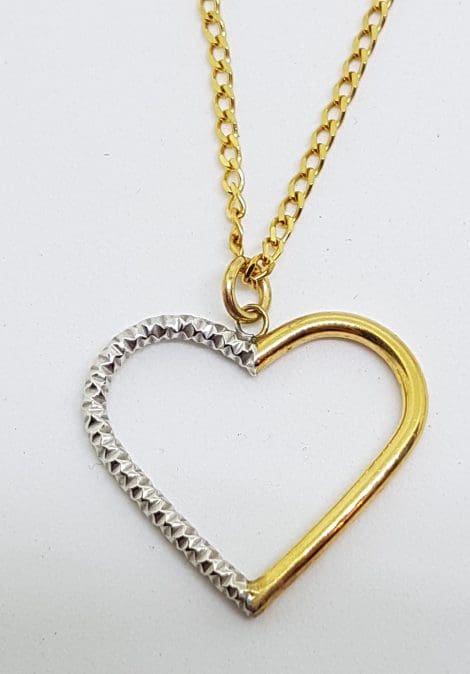 9ct Yellow Gold and White Gold Large Open Heart Pendant on 9ct Gold Chain