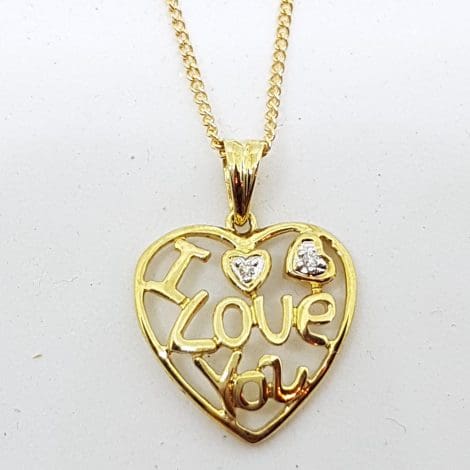 9ct Yellow Gold Diamond " I LOVE YOU " Heart Pendant on 9ct Gold Chain