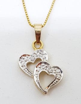 9ct Yellow Gold Diamond Two Heart Pendant on 9ct Gold Chain