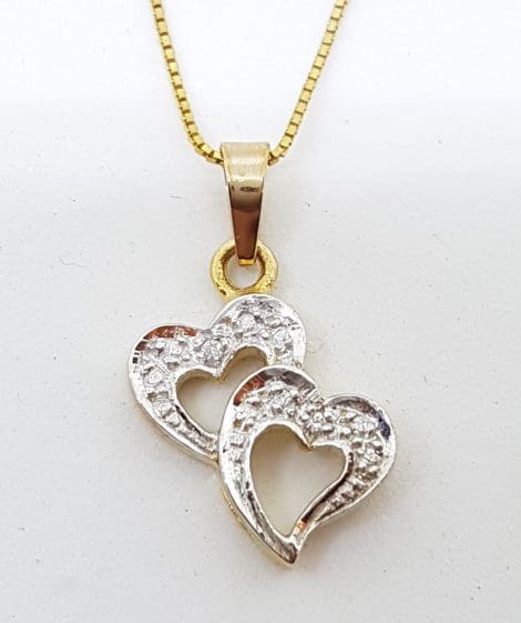 9ct Yellow Gold Diamond Two Heart Pendant on 9ct Gold Chain