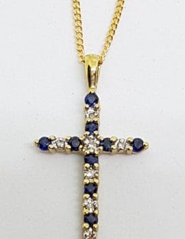 9ct Yellow Gold Natural Sapphire and Diamond Crucifix / Cross Pendant on 9ct Chain