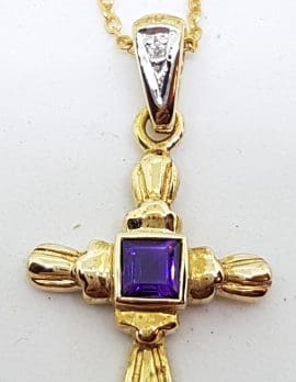 9ct Yellow Gold Amethyst and Diamond Crucifix / Cross Pendant on 9ct Chain