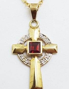 9ct Yellow Gold Garnet and Diamond Crucifix / Cross Pendant on 9ct Chain