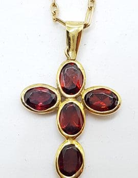9ct Yellow Gold Garnet Crucifix / Cross Pendant on 9ct Chain - Ovals