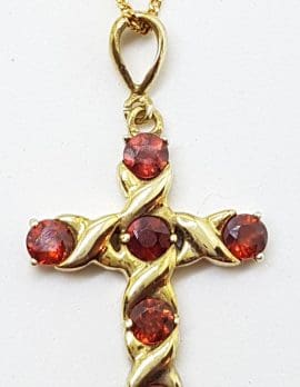 9ct Yellow Gold Garnet Crucifix / Cross Pendant on 9ct Chain - Round