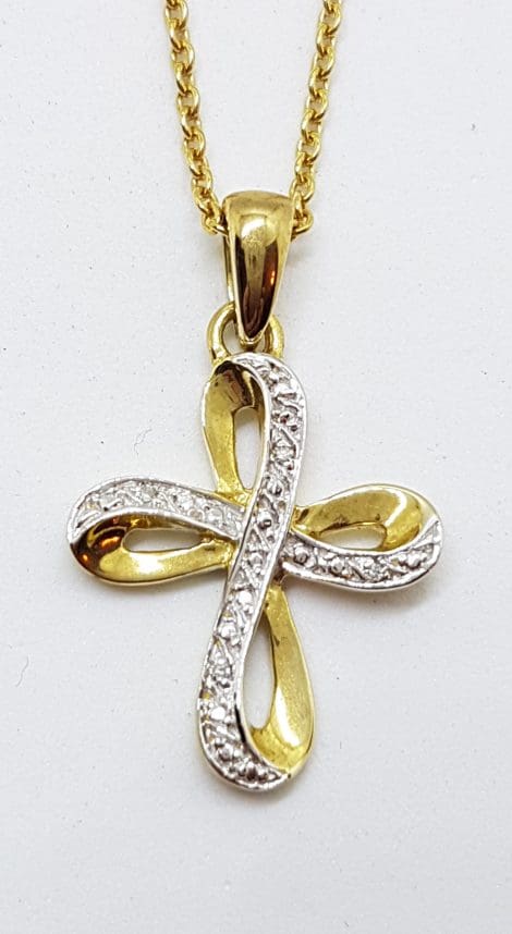 9ct Yellow Gold Diamond Crucifix / Cross Pendant on 9ct Chain - Twist