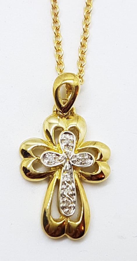 9ct Yellow Gold Diamond Crucifix / Cross Pendant on 9ct Chain - Ornate