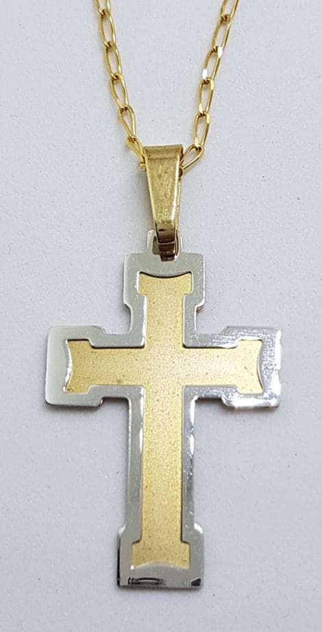 9ct Yellow Gold & White Gold Crucifix / Cross Pendant on 9ct Chain - Two Tone