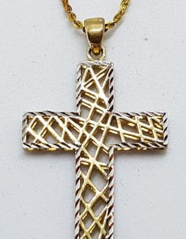9ct Yellow Gold & White Gold Crucifix / Cross Pendant on 9ct Chain - Two Tone - Open Filigree Design
