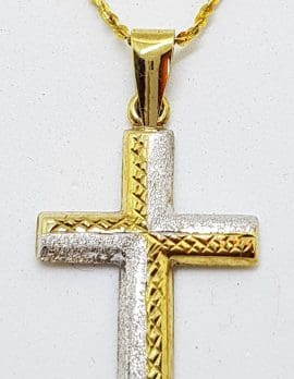 9ct Yellow Gold & White Gold Crucifix / Cross Pendant on 9ct Chain - Two Tone - Ornate Design