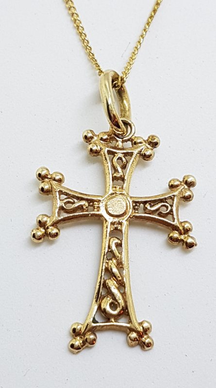 9ct Yellow Gold Ornate Crucifix / Cross Pendant on 9ct Chain - Large Celtic