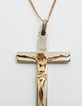 Sterling Silver & 9ct Rose Gold Large Crucifix / Cross Pendant on 9ct Chain