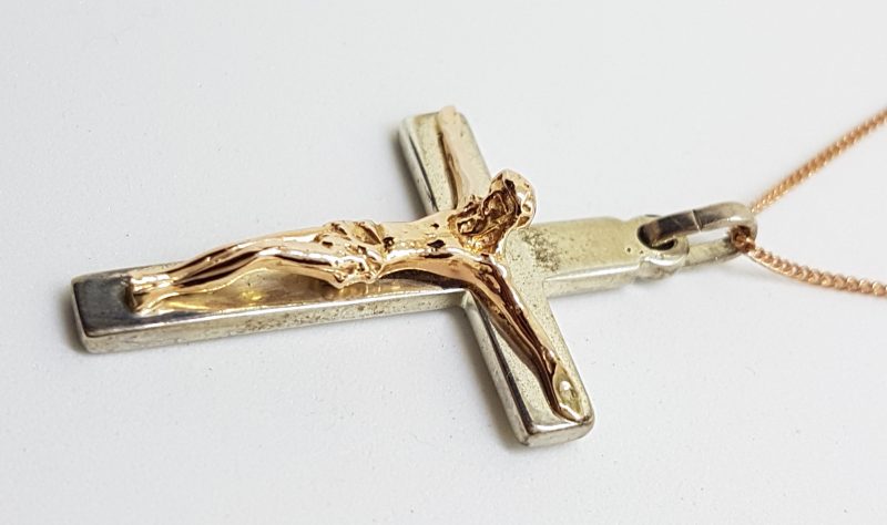20200422_104208 Sterling Silver & 9ct Rose Gold Large Crucifix / Cross Pendant on 9ct Chain