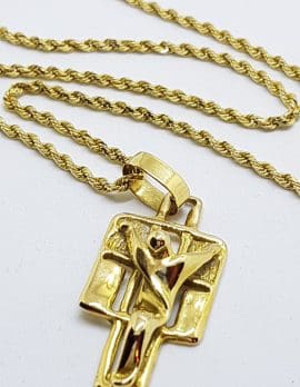 18ct Yellow Gold Crucifix / Cross Pendant on Long 18ct Chain - Large and Heavy - Unique