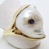 14ct Yellow Gold Large Baroque Pearl with Sapphire Ring - Handmade