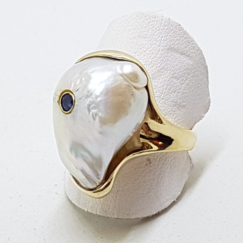 14ct Yellow Gold Large Baroque Pearl with Sapphire Ring - Handmade