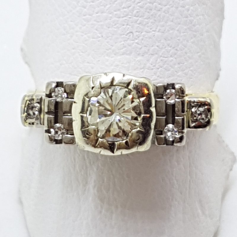 18ct Yellow Gold & Platinum High Set Diamond Engagement / Dress Ring - Antique / Vintage