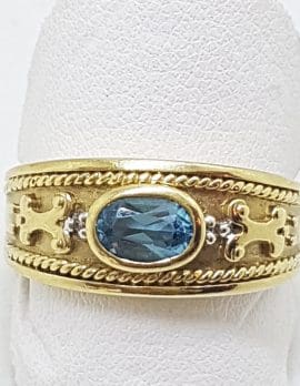 9ct Yellow Gold Oval Topaz & Diamond Ornate Wide Ring Ring