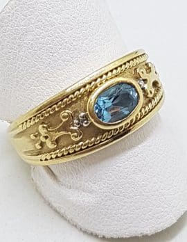 9ct Yellow Gold Oval Topaz & Diamond Ornate Wide Ring Ring