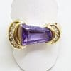 9ct Yellow Gold Large Unusual Shape Amethyst with Diamonds Ring