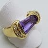 9ct Yellow Gold Large Unusual Shape Amethyst with Diamonds Ring