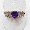 9ct Yellow Gold Amethyst Heart with Diamonds Ornate Ring