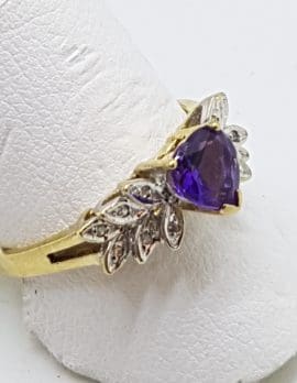 9ct Yellow Gold Amethyst Heart with Diamonds Ornate Ring