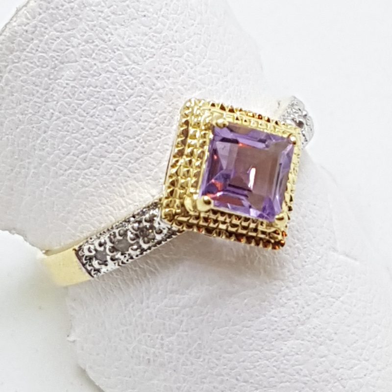 9ct Yellow Gold Amethyst & Diamond Square Ring