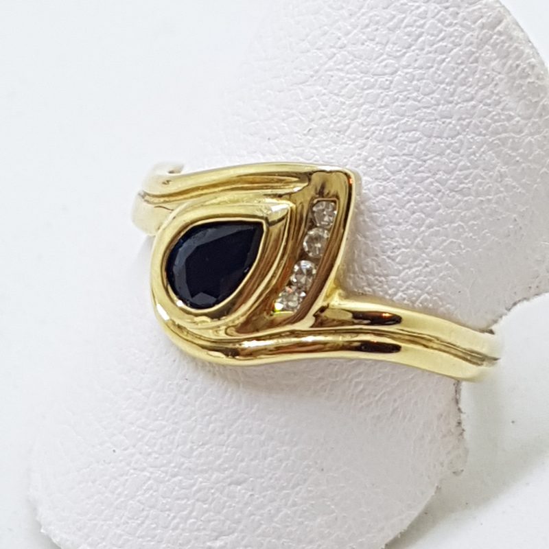 9ct Yellow Gold Natural Sapphire and Diamond Teardrop Shape Ring