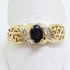 9ct Yellow Gold Natural Sapphire & Diamond Ornate Filigree Ring