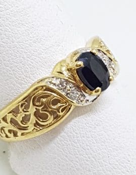 9ct Yellow Gold Natural Sapphire & Diamond Ornate Filigree Ring