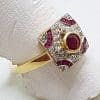 9ct Yellow Gold Natural Ruby and Diamond Square Art Deco Style Ring