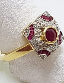 9ct Yellow Gold Natural Ruby and Diamond Square Art Deco Style Ring