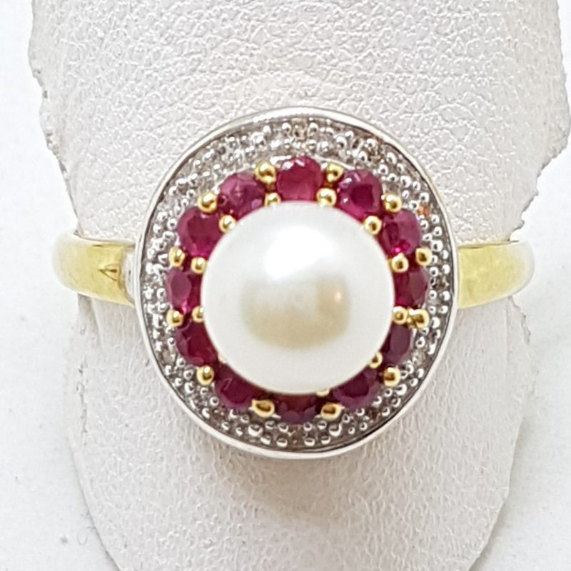 20200422_185807 9ct Yellow Gold Natural Ruby, Pearl & Diamond Round Cluster Ring