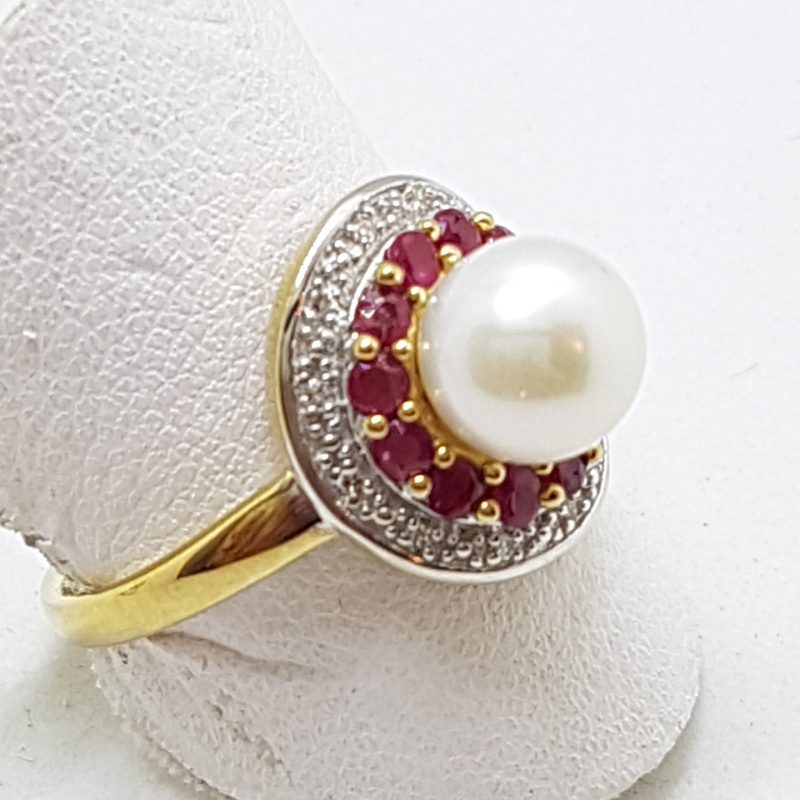 20200422_185823 9ct Yellow Gold Natural Ruby, Pearl & Diamond Round Cluster Ring