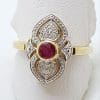 9ct Yellow Gold Natural Ruby & Diamond Ornate Art Deco Style Cluster Ring